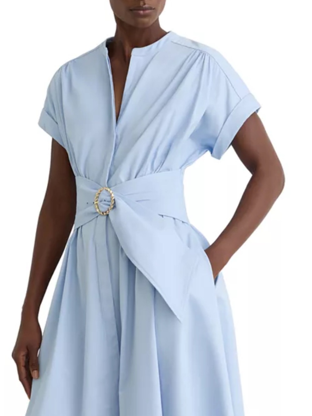Reiss Sally Light Blue Midi Shirt Dress with Statement Waist - Picture 2 of 9